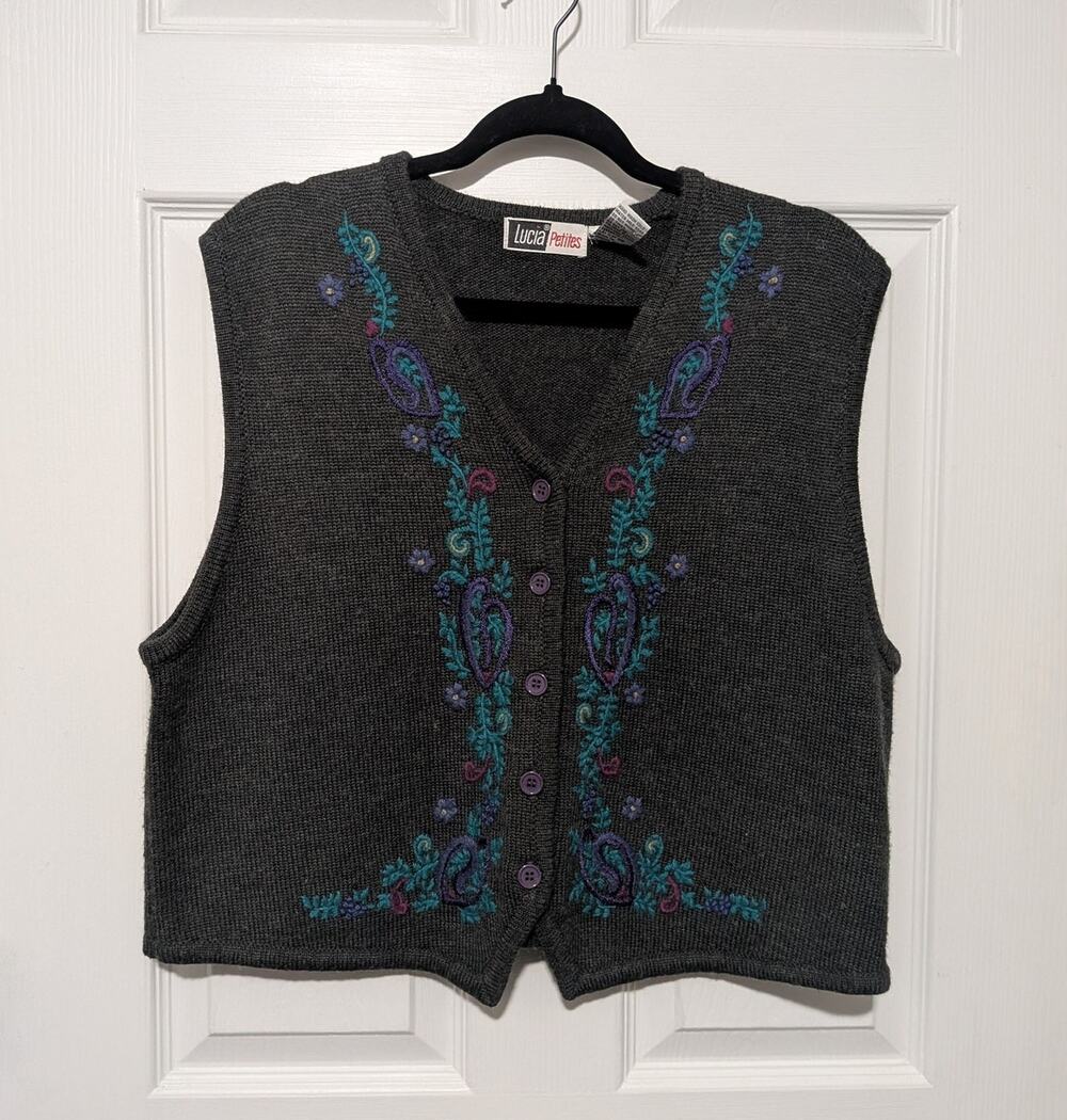 Vtg Lucia Petites Knit Sweater Vest PXL Gray Teal Floral Paisley Grandmacore